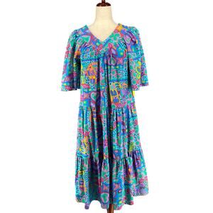 Vtg 80s 90s Two Potato Laguna Beach Artsy Midi Tiered Muumuu Dress XS Cotton NOS